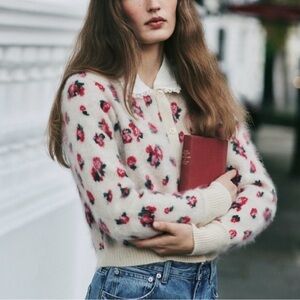 J. Crew Cashmere Sweater with Red and Black Floral Pattern NWT